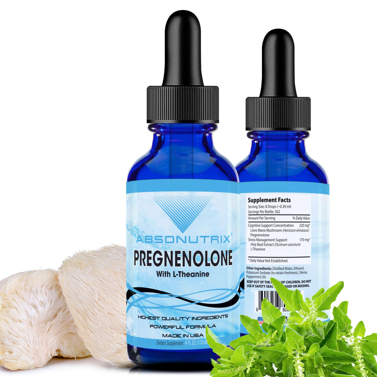 Absonutrix Pregnenolone with L-Theanine bottle ready for quick-absorption daily support.