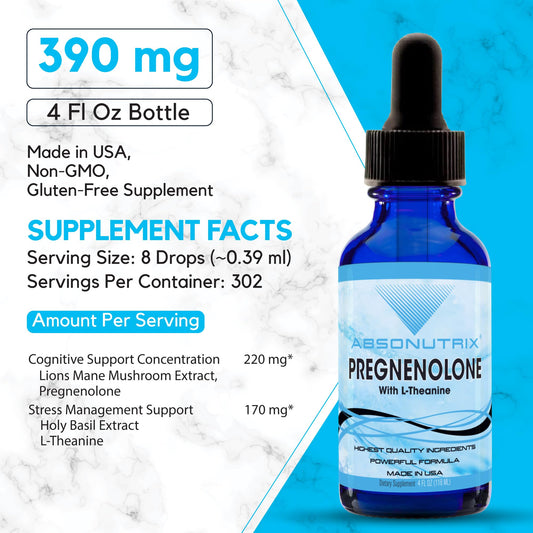 Absonutrix Pregnenolone-L-Theanine drops dispense for easy daily dosing and fast uptake.