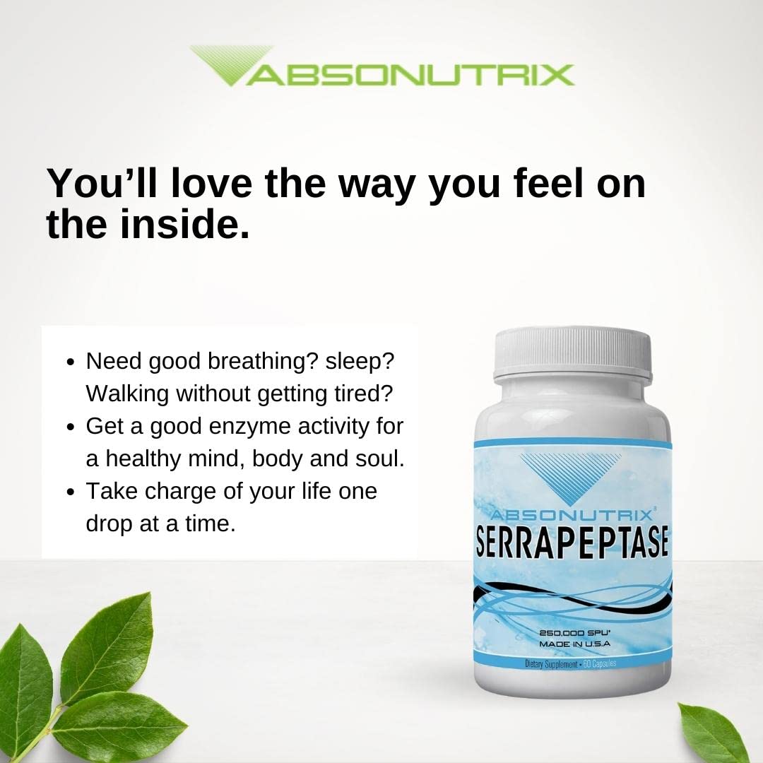 Absonutrix Serrapeptase capsules on display, 60 veggie capsules for daily support.