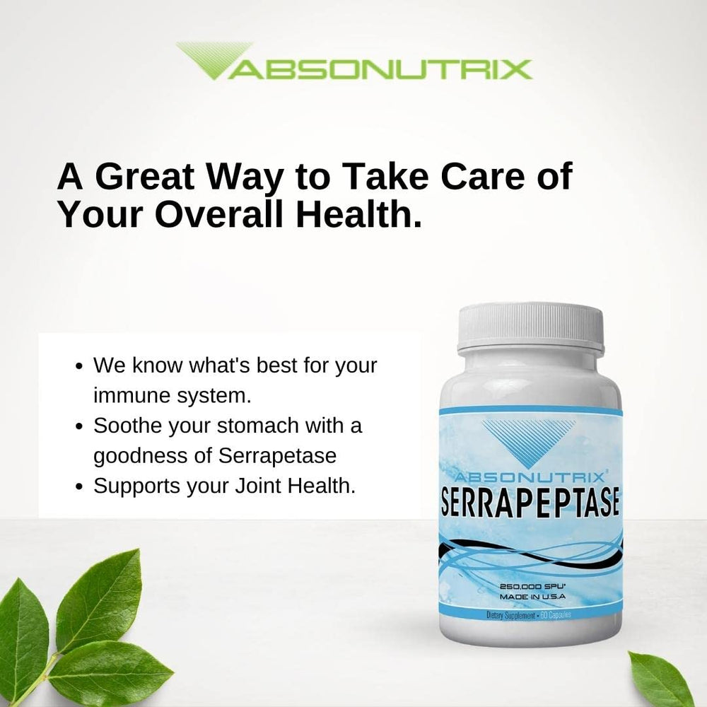Absonutrix Serrapeptase bottle on wood highlighting premium ingredients.