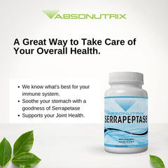Absonutrix Serrapeptase bottle on wood highlighting premium ingredients.