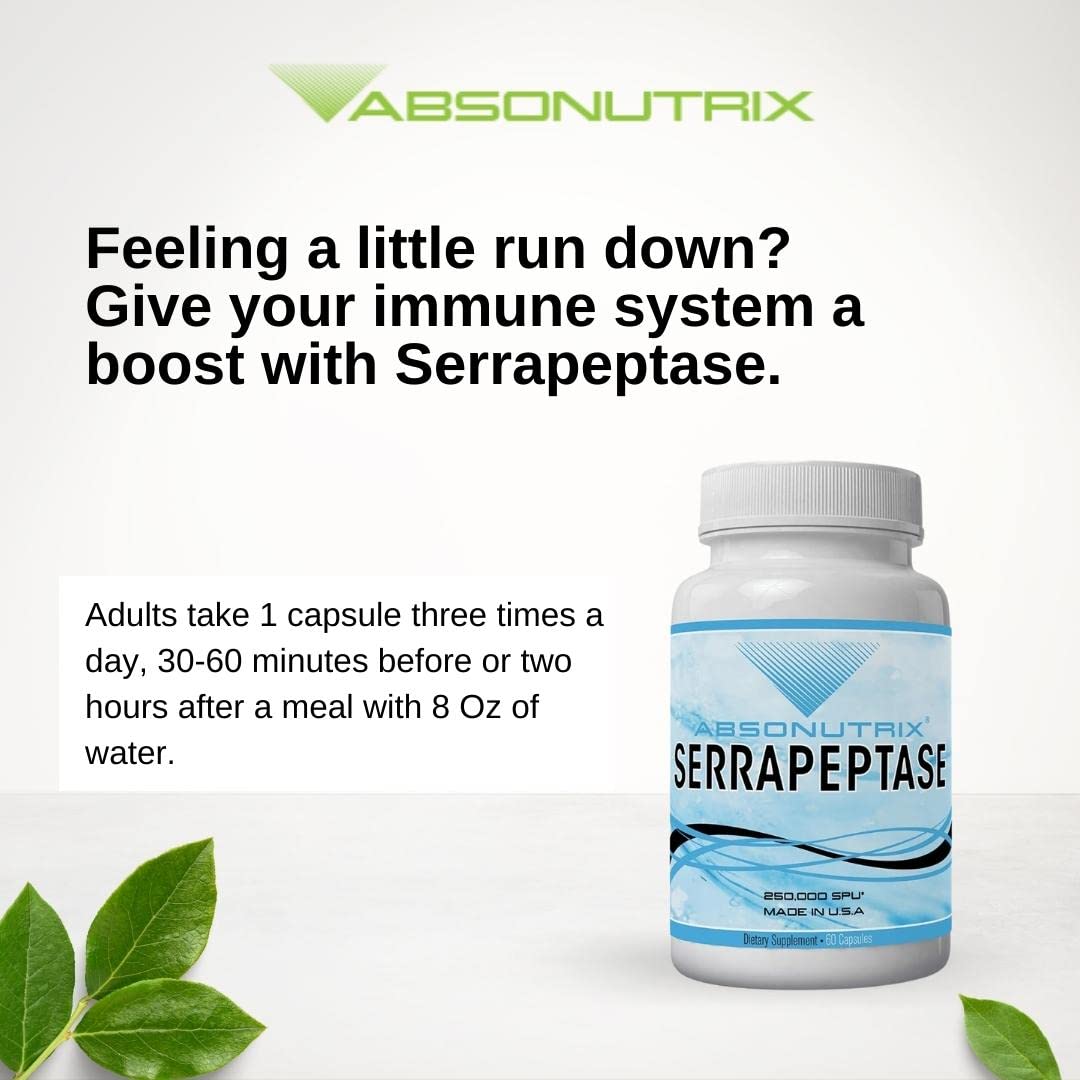 Close-up of Absonutrix Serrapeptase bottle label with Made in USA mark.