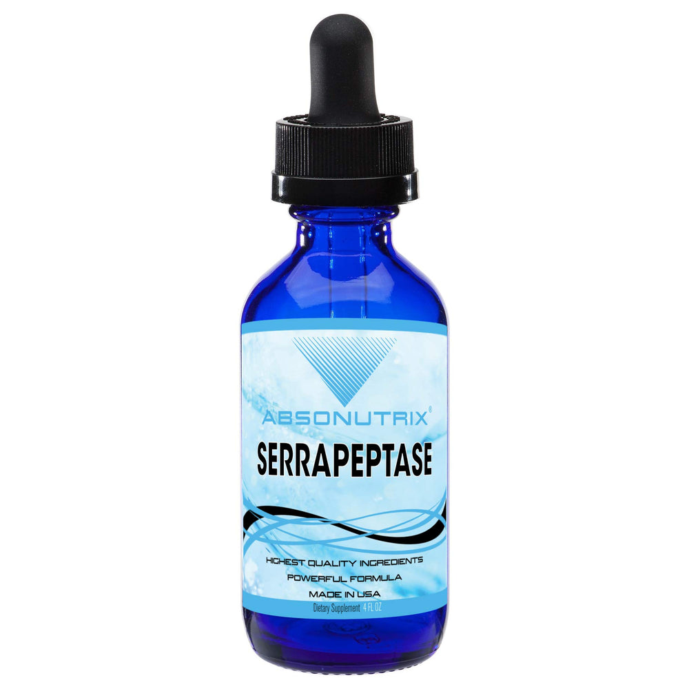 Absonutrix Serrapeptase enzyme bottle highlighting quick absorption and quality ingredients.