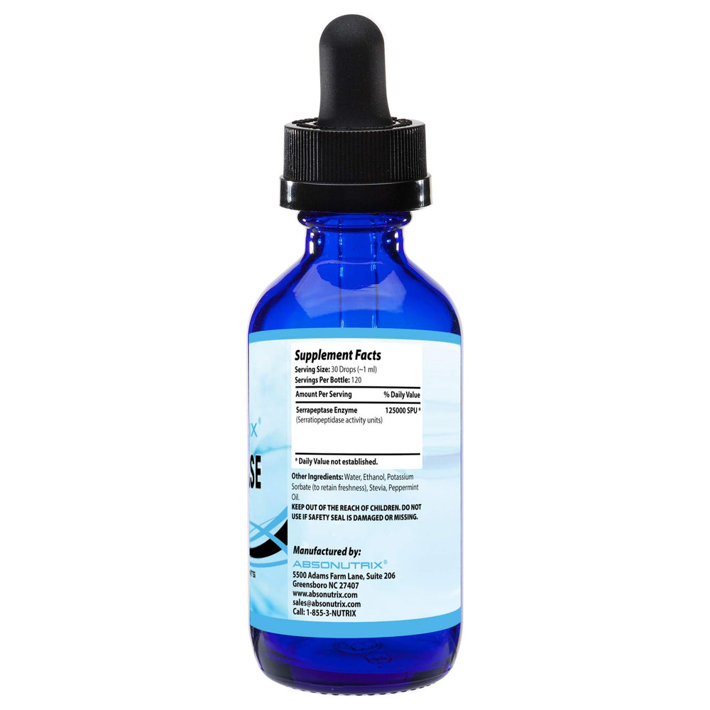 Absonutrix Serrapeptase enzyme dropper pouring into water for easy mixing.