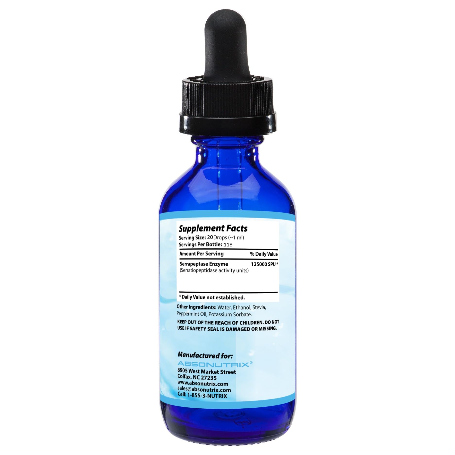 Absonutrix Serrapeptase enzyme liquid drops ready to mix with drinks.