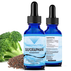 Absonutrix sulforaphane liquid bottle shows easy dosing and rapid absorption.