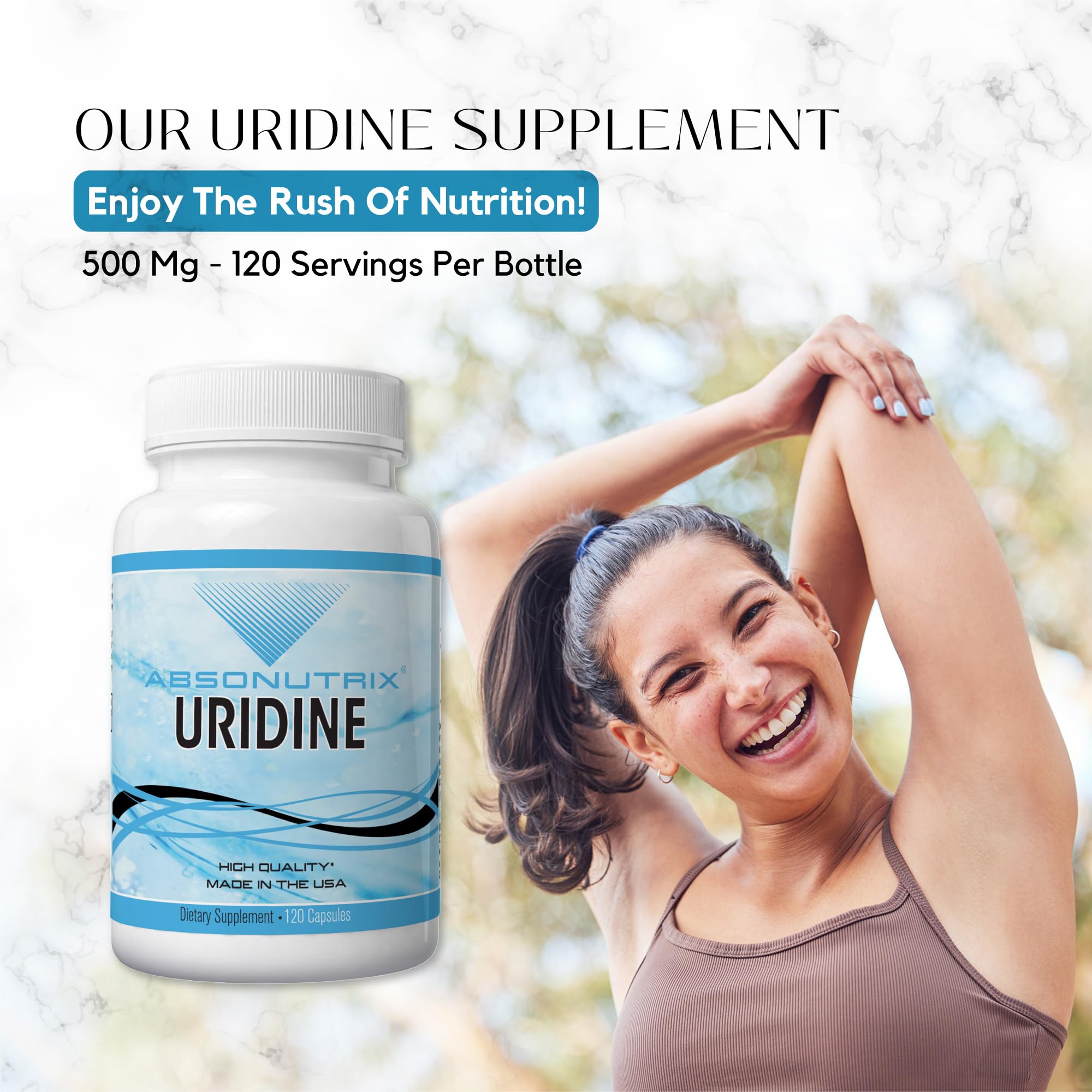 Absonutrix Uridine Monophosphate capsules with water suggesting daily intake.