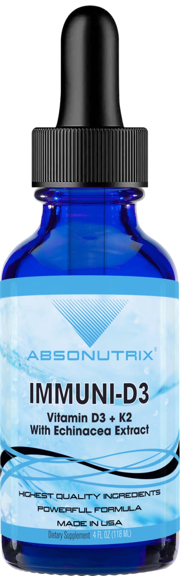 Absonutrix Vitamin D3 K2 drops bottle highlighting rapid absorption for daily use