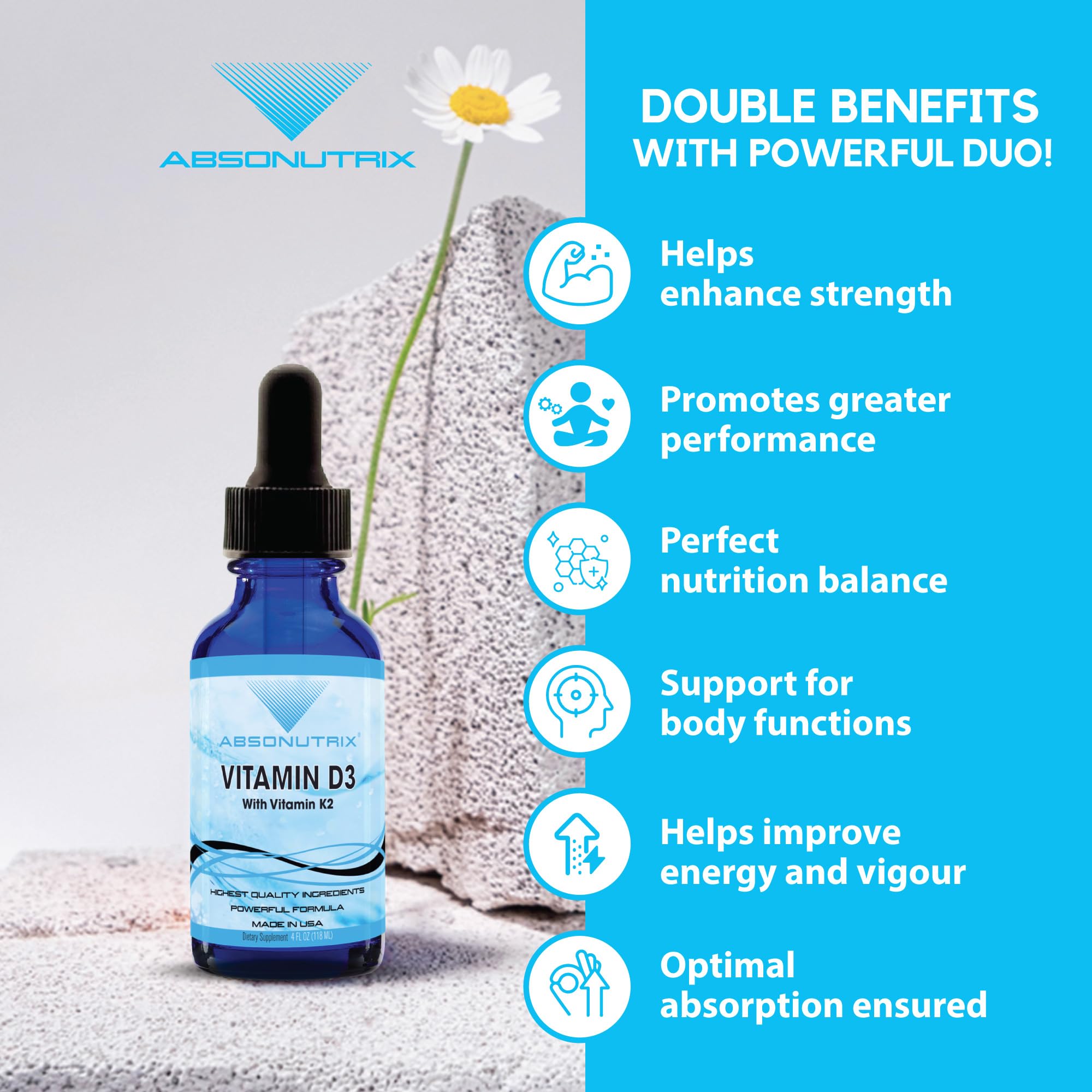 Absonutrix Vitamin D3 K2 Drops GMP facility badge emphasizes quality control.