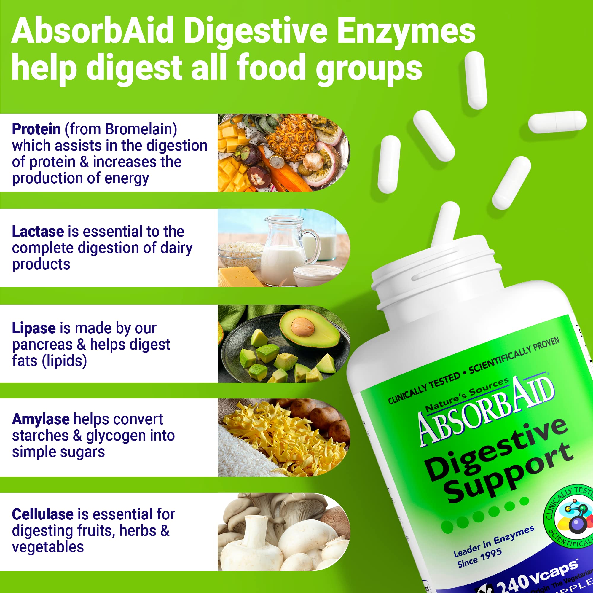 AbsorbAid bottle demonstrates fast-acting digestion after meals.