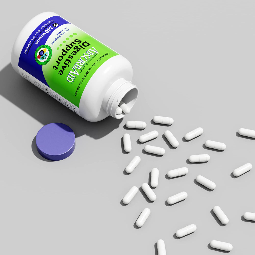 AbsorbAid Digestive Enzymes label front shows plant-based digestion support.
