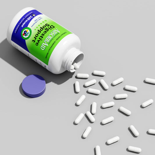 AbsorbAid Digestive Enzymes label front shows plant-based digestion support.