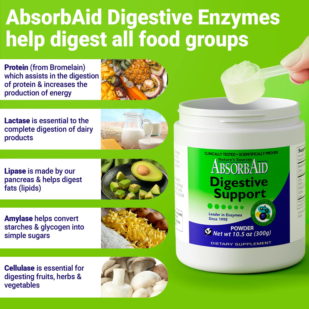 AbsorbAid digestive enzymes powder texture indicating quick mixing
