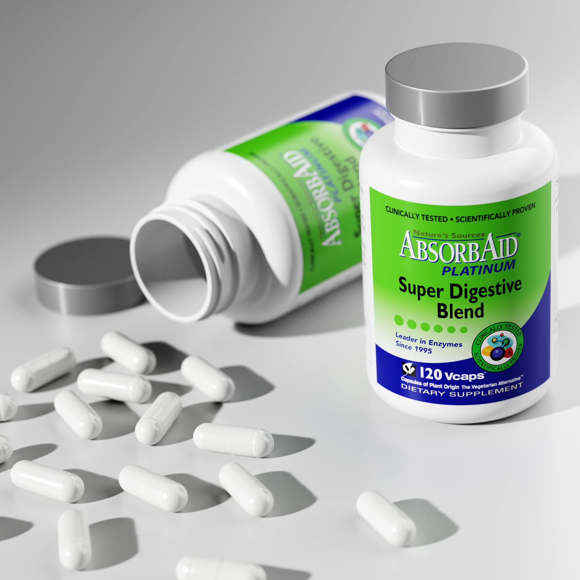 AbsorbAid Platinum probiotic visuals suggesting gut balance and immune-friendly support.