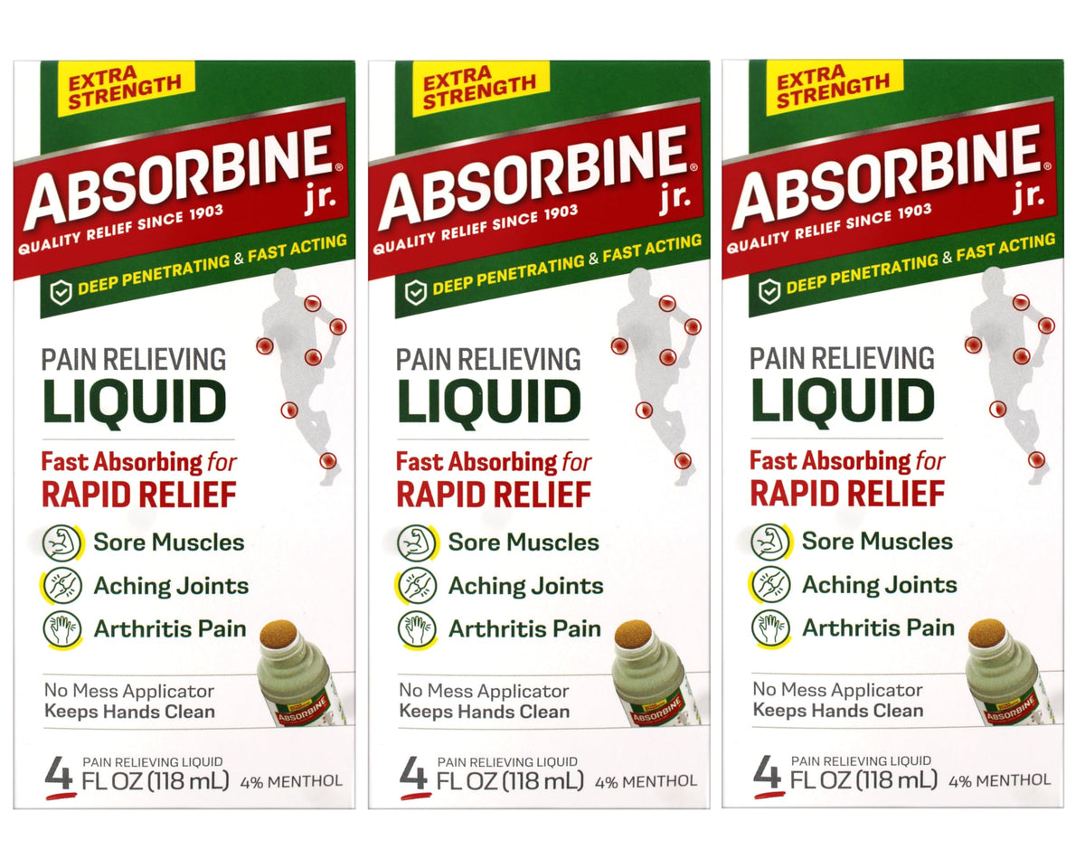 Absorbine Jr extra-strength bottle pour for fast relief on sore muscles.