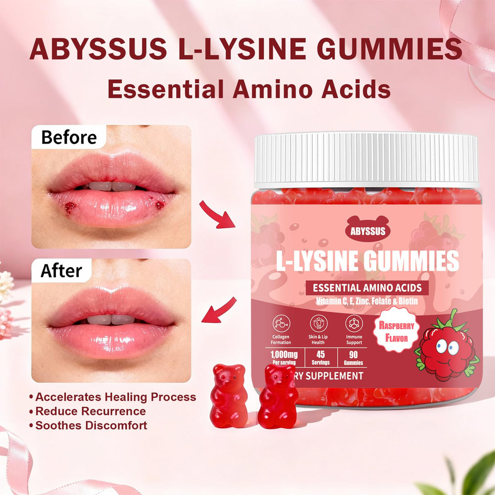 ABYSSUS Lysine gummies with bottle and spoon demonstrates serving size and ease of use.