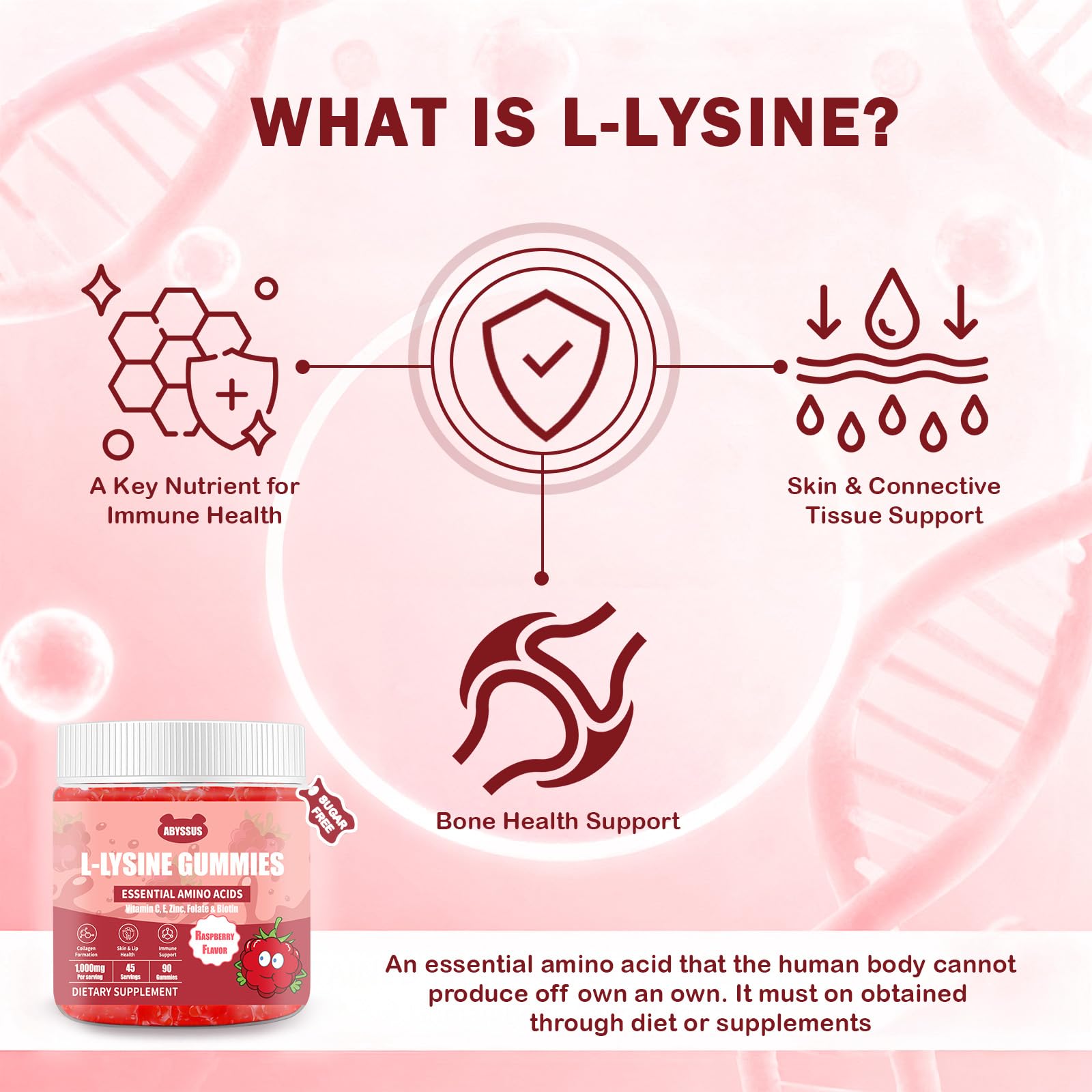 ABYSSUS Lysine gummies closeup highlights chewy texture and sugar-free formulation.