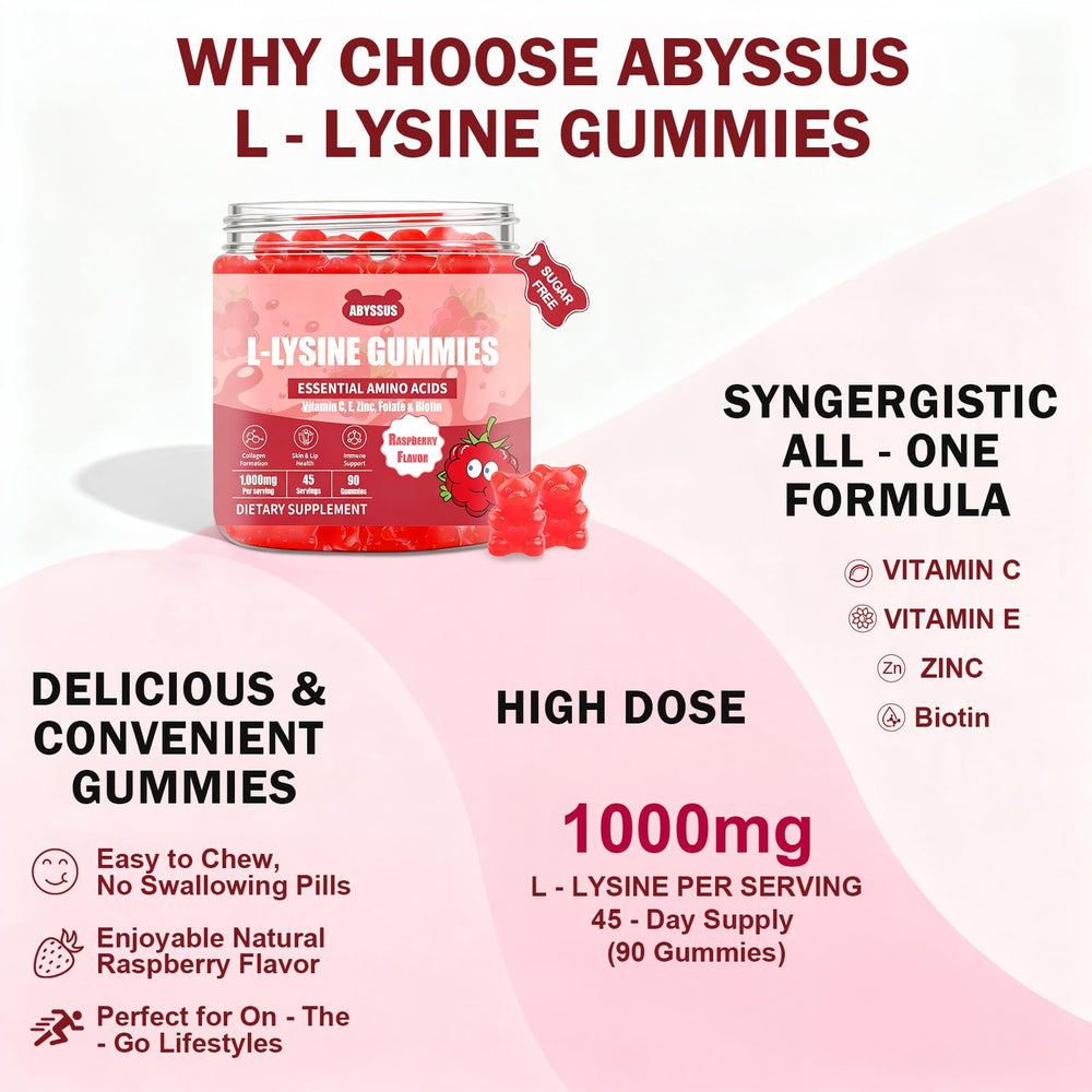 ABYSSUS Lysine gummies on a clean kitchen counter suggests convenient on-the-go wellness.