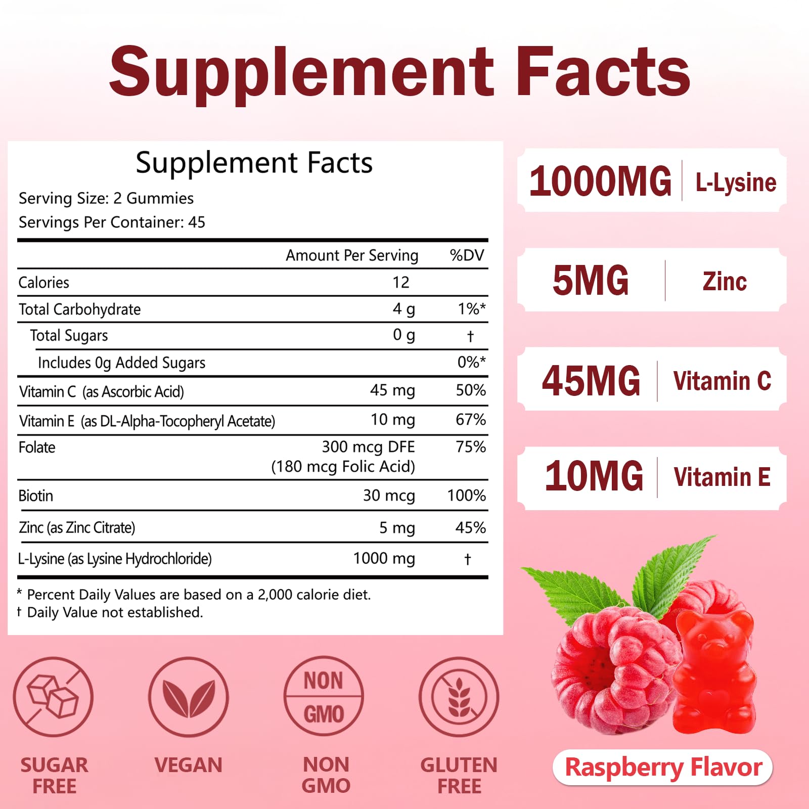 ABYSSUS Lysine gummies ingredients panel shows plant-based pectin and vegan formula.