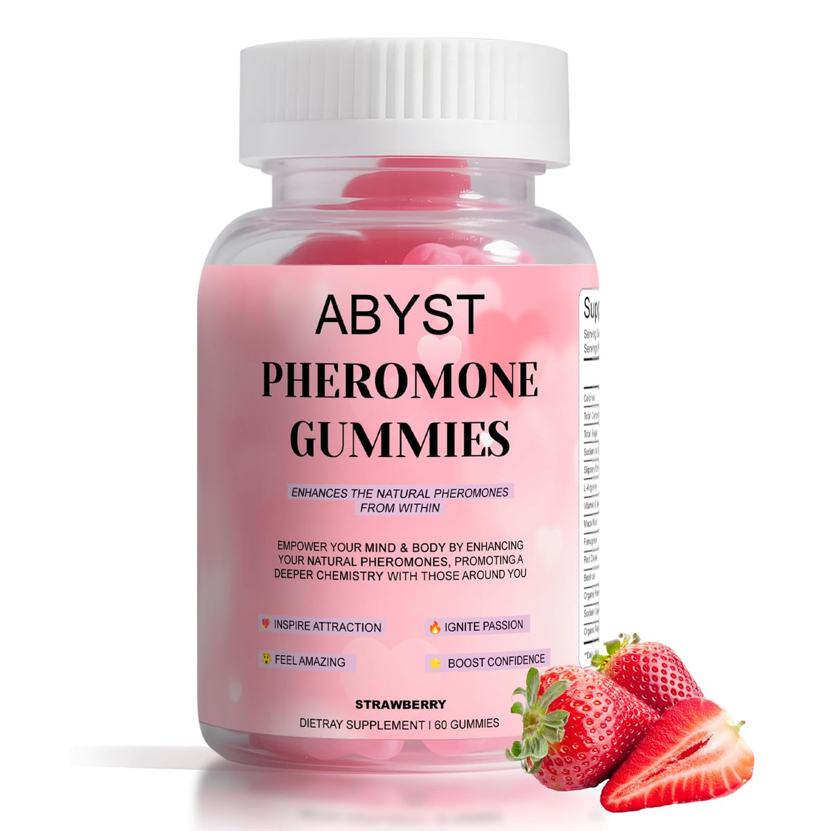 ABYST pheromone gummies for women in strawberry bottle, ideal for daily social confidence.
