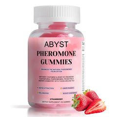 ABYST pheromone gummies for women in strawberry bottle, ideal for daily social confidence.