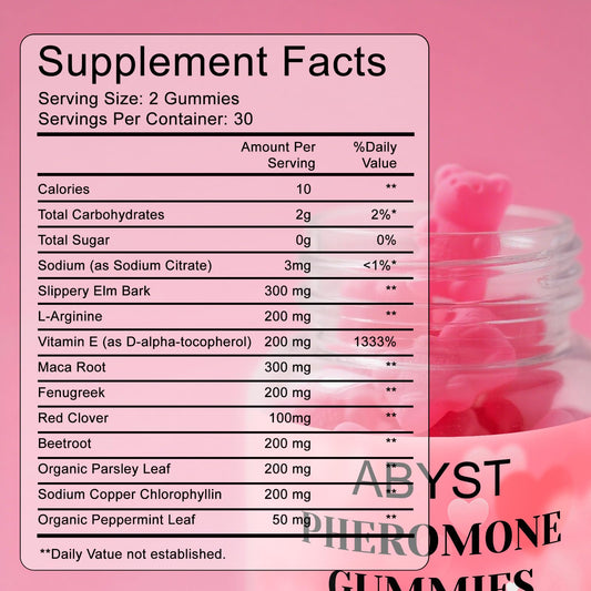 ABYST pheromone gummies close-up showing strawberry flavor and chewy texture.