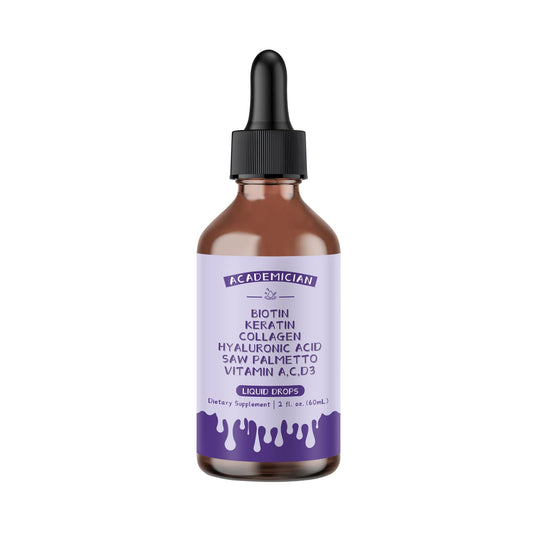 ACADEMICIAN biotin drops bottle closeup highlighting convenient dropper for hair health