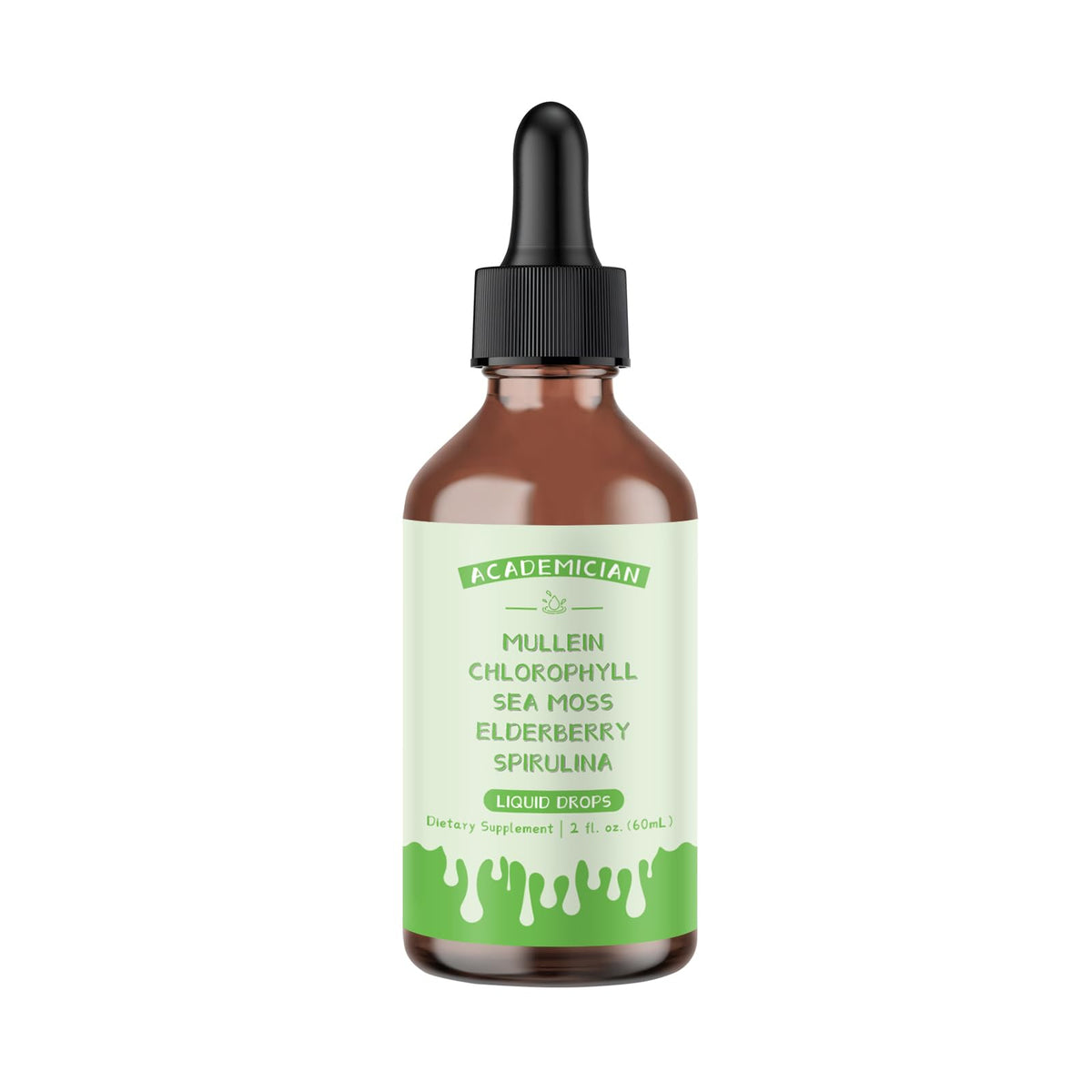 ACADEMICIAN chlorophyll mullein bottle pour for smooth dosing and daily mixing.