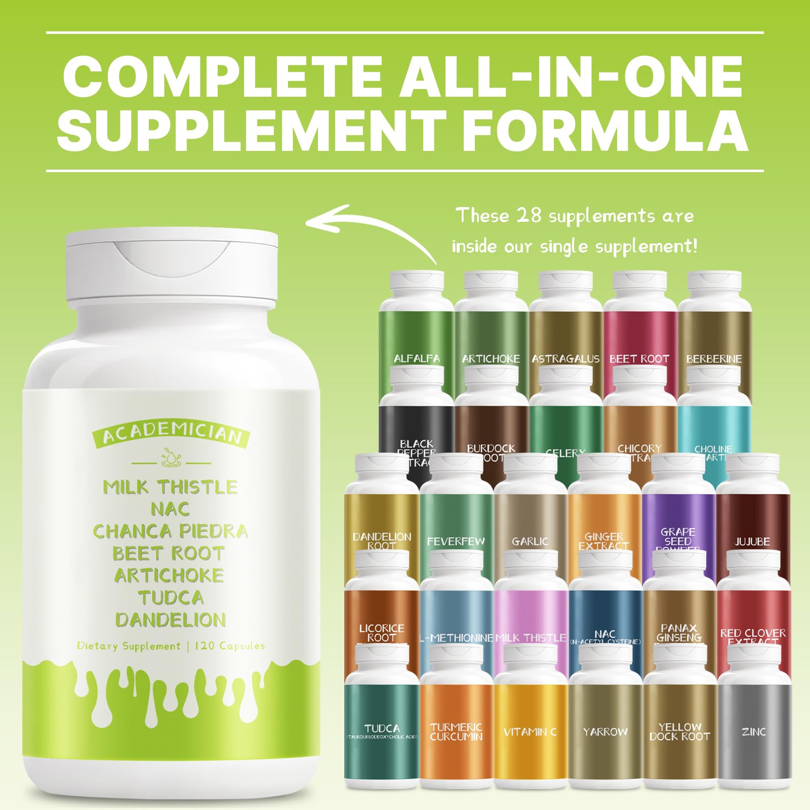 ACADEMICIAN Dandelion Root capsules shown for gentle daily support.
