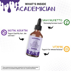 ACADEMICIAN keratin and saw palmetto bottle emphasizing hair care routine