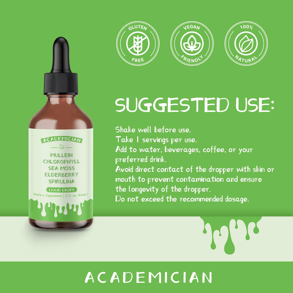 ACADEMICIAN organic chlorophyll drops bottle supports vegan, mix-friendly usage.