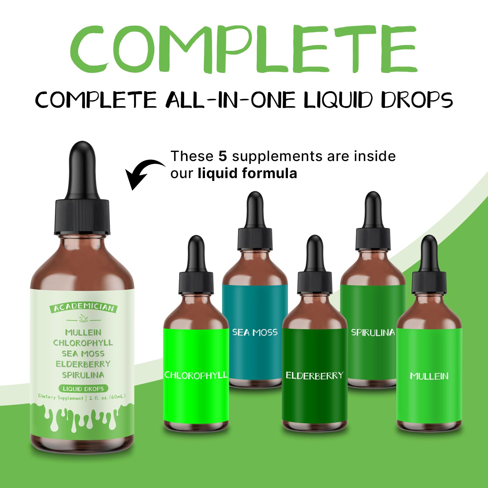 ACADEMICIAN sea moss spirulina liquid drops evoke ocean-inspired blends.