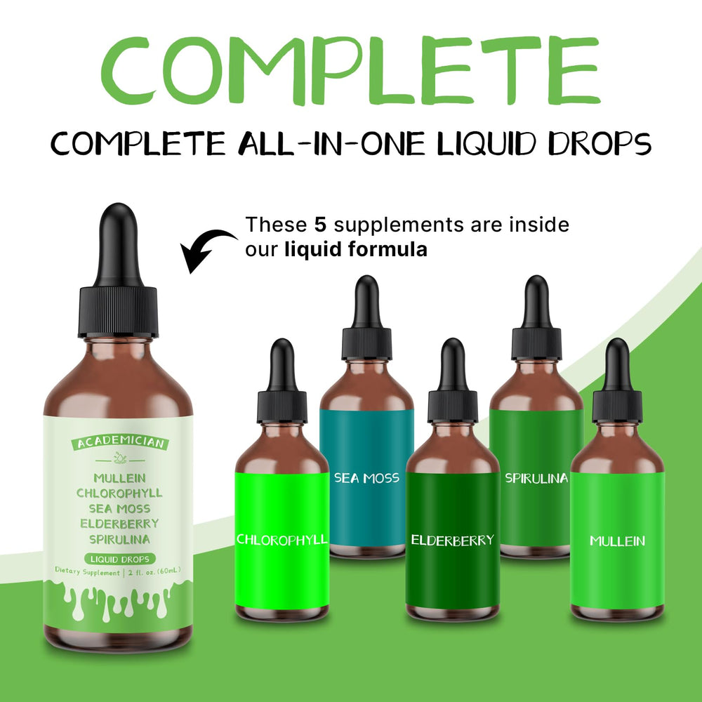 ACADEMICIAN sea moss spirulina liquid drops evoke ocean-inspired blends.