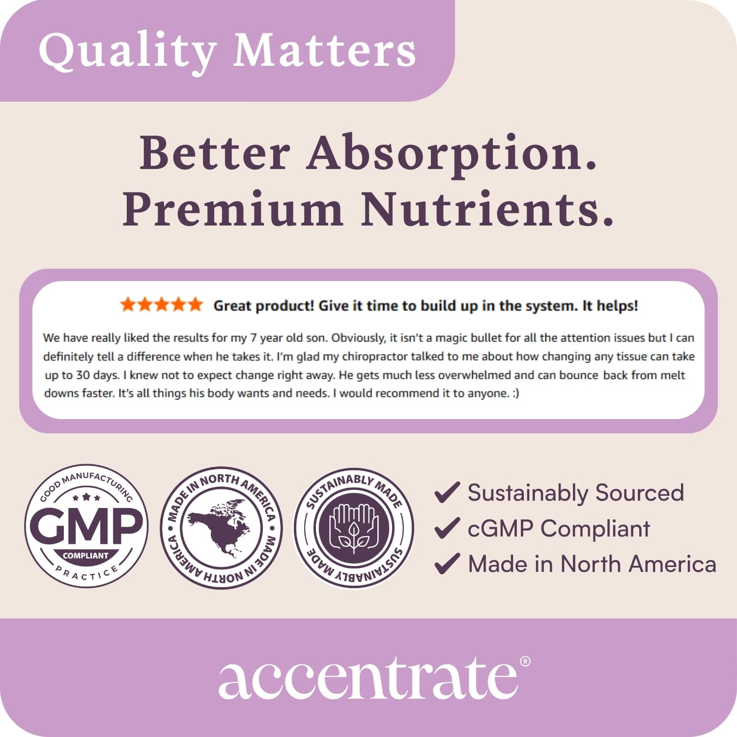 Accentrate easy swallow kid-friendly pills shown for daily use.