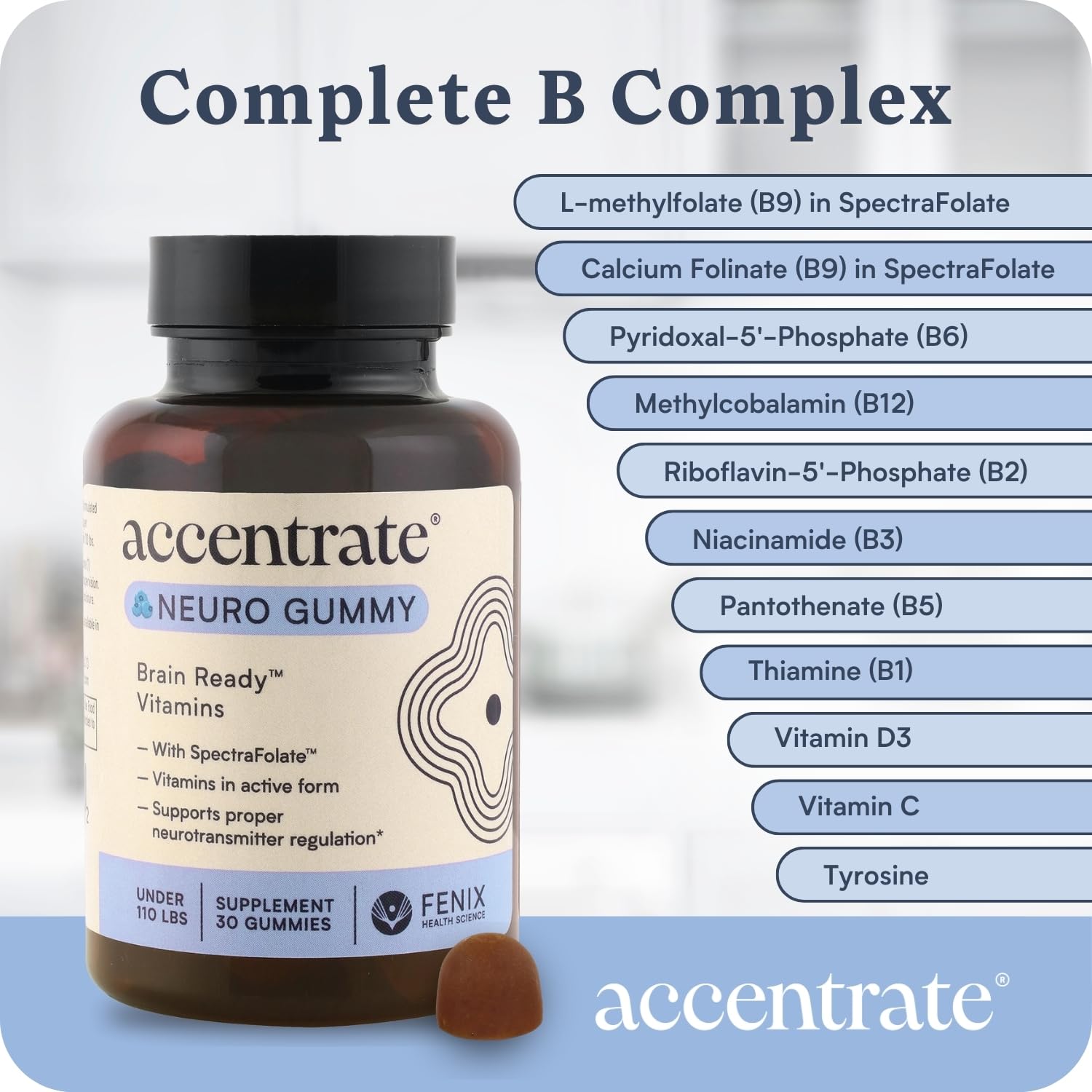 Accentrate Neuro Gummy tyrosine focus support shot showcases dopamine-related cofactors