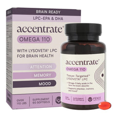 Accentrate Omega 110 with LYSOVETA LPC bottle on shelf signals premium brain support.