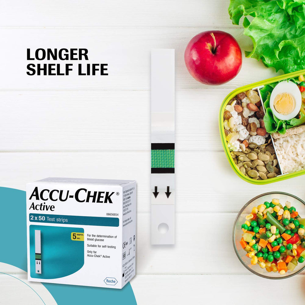 Two vials of Accu-Chek Active strips for confident testing sessions.