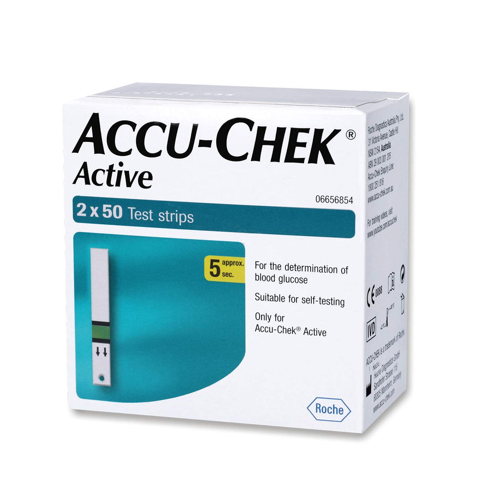Accu-Chek Active strip vial with 50 strips for easy home testing.