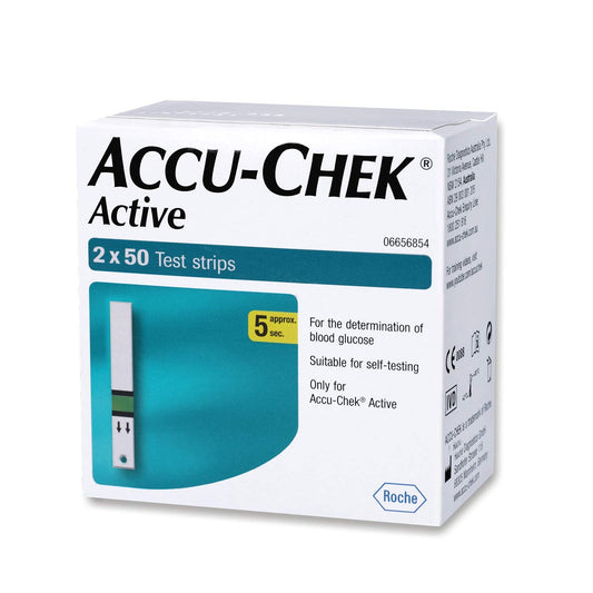 Accu-Chek Active strip vial with 50 strips for easy home testing.