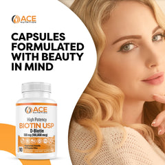 ACE NUTRITION Biotin bottle with lifestyle image for hair and skin