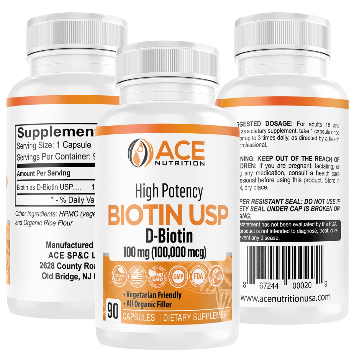 ACE Nutrition Biotin USP 100mg bottle front view supports hair and nails