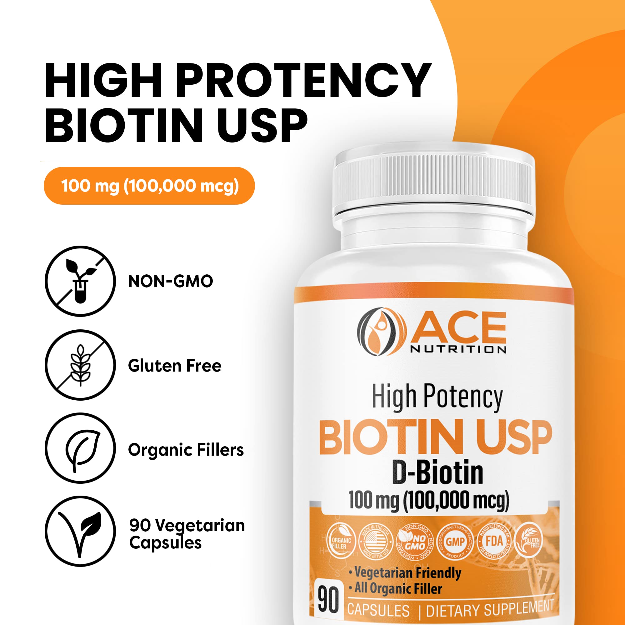 ACE NUTRITION High Potency Biotin capsule close-up shows 100 mg dosage