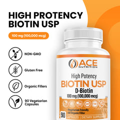 ACE NUTRITION High Potency Biotin capsule close-up shows 100 mg dosage