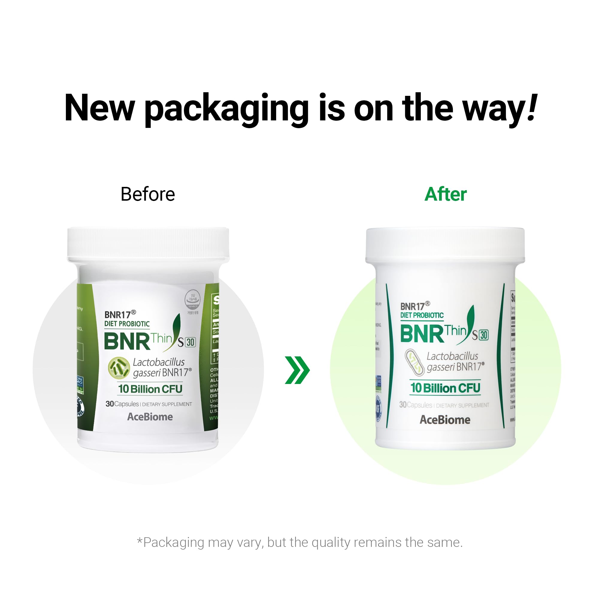 AceBiome BNRThin S30 non-GMO formula on packaging.
