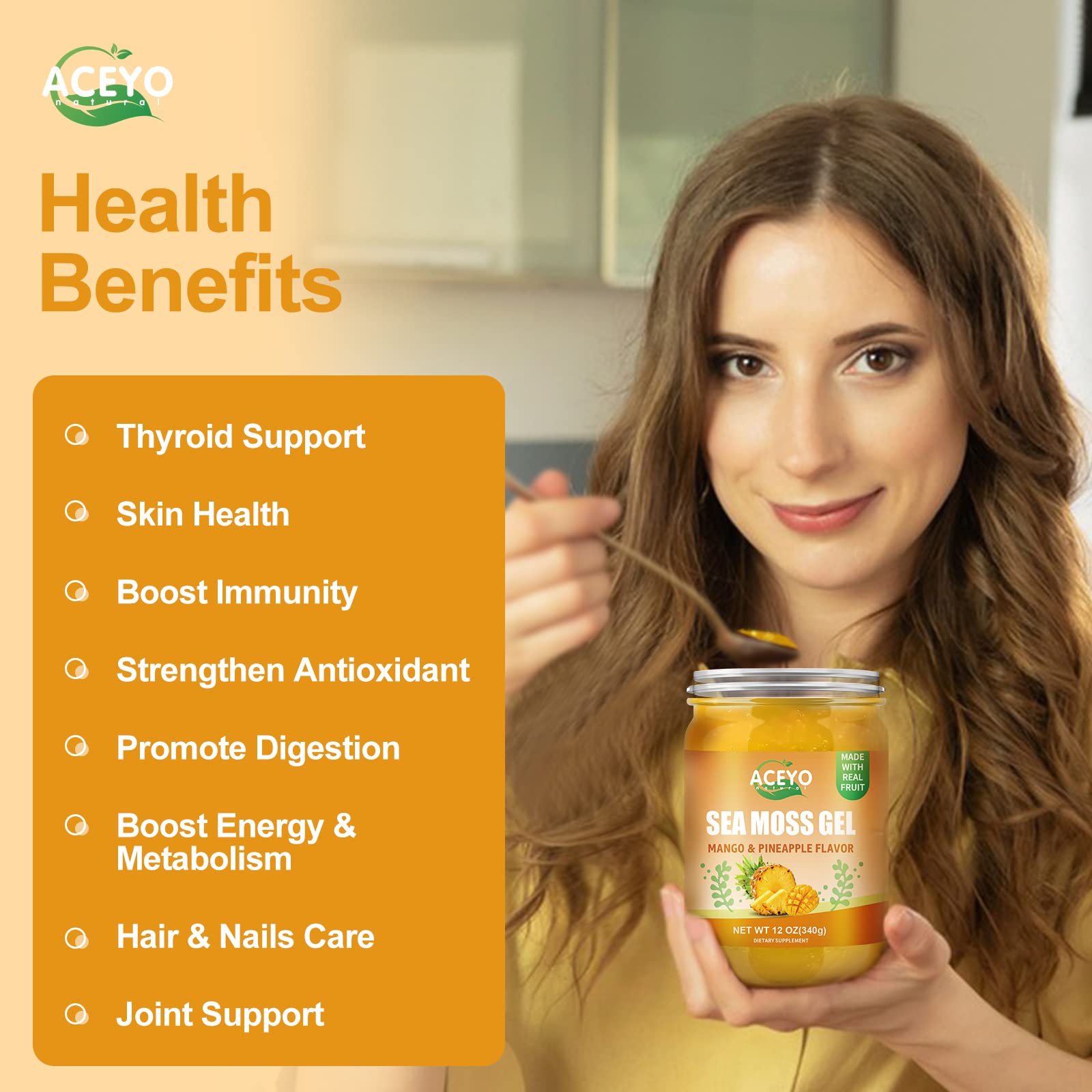 ACEYO Irish Sea Moss Gel mango pineapple label—clear ingredients and safety notes
