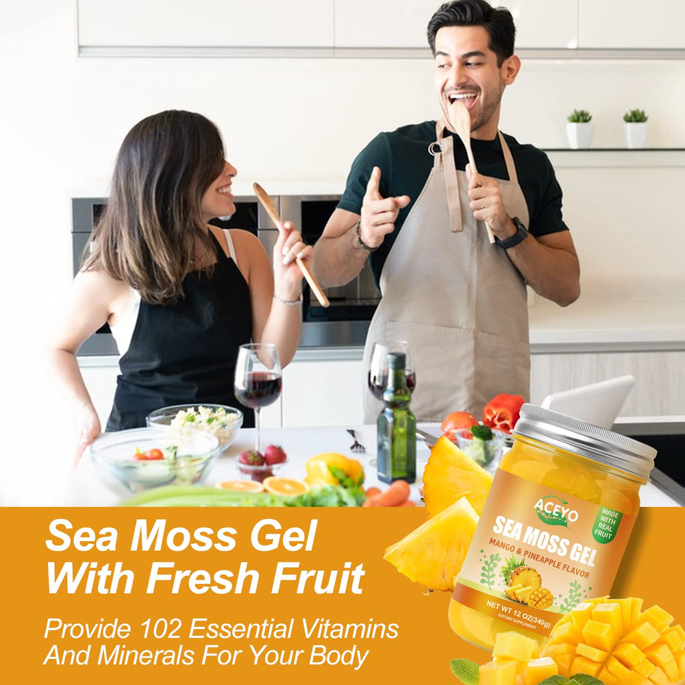 ACEYO Irish Sea Moss Gel mango pineapple serving suggestion—great in desserts and teas