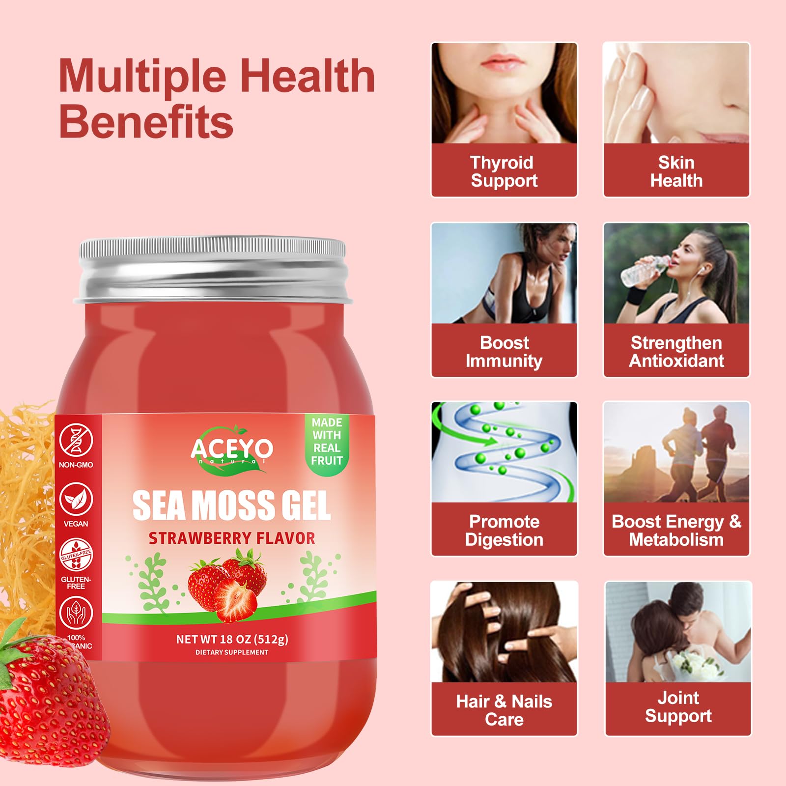 Texture closeup of ACEYO sea moss gel with strawberry flavor