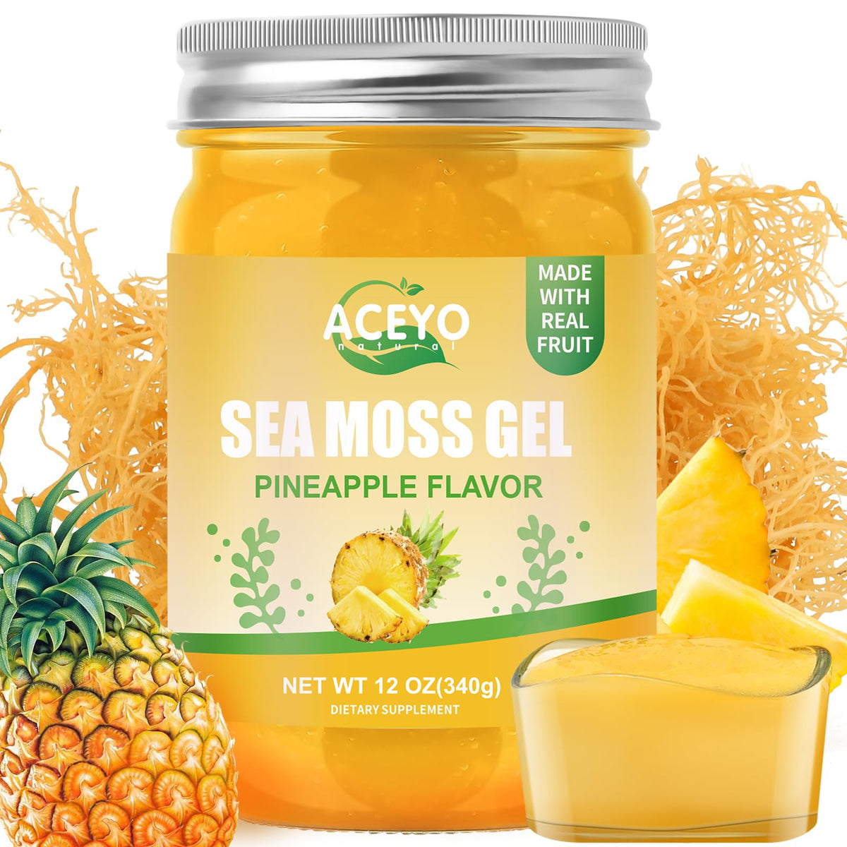ACEYO Pineapple Sea Moss Gel bottle offers convenient immune support and delicious tropical flavor.