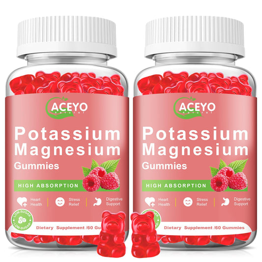 ACEYO potassium magnesium gummies raspberry bottle highlights a tasty daily wellness support.