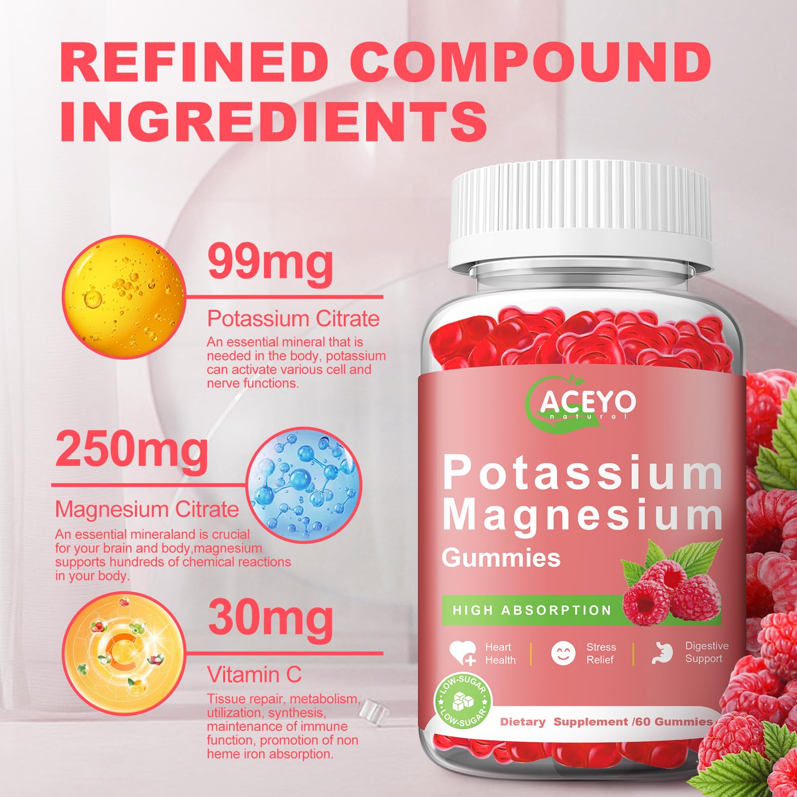 ACEYO potassium magnesium serving size image illustrates two gummies per serving.